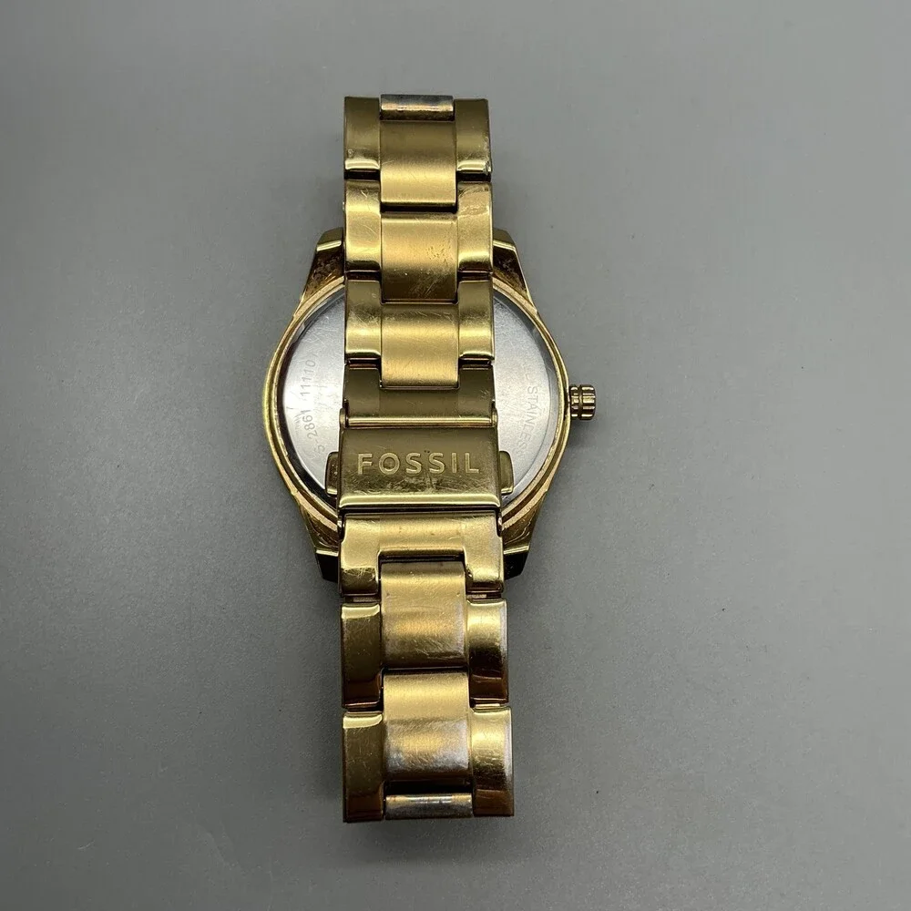 Fossil ES-2861 Womens Watch 38mm MOP Gold Tone Crystals Bracelet New Batt 6.75